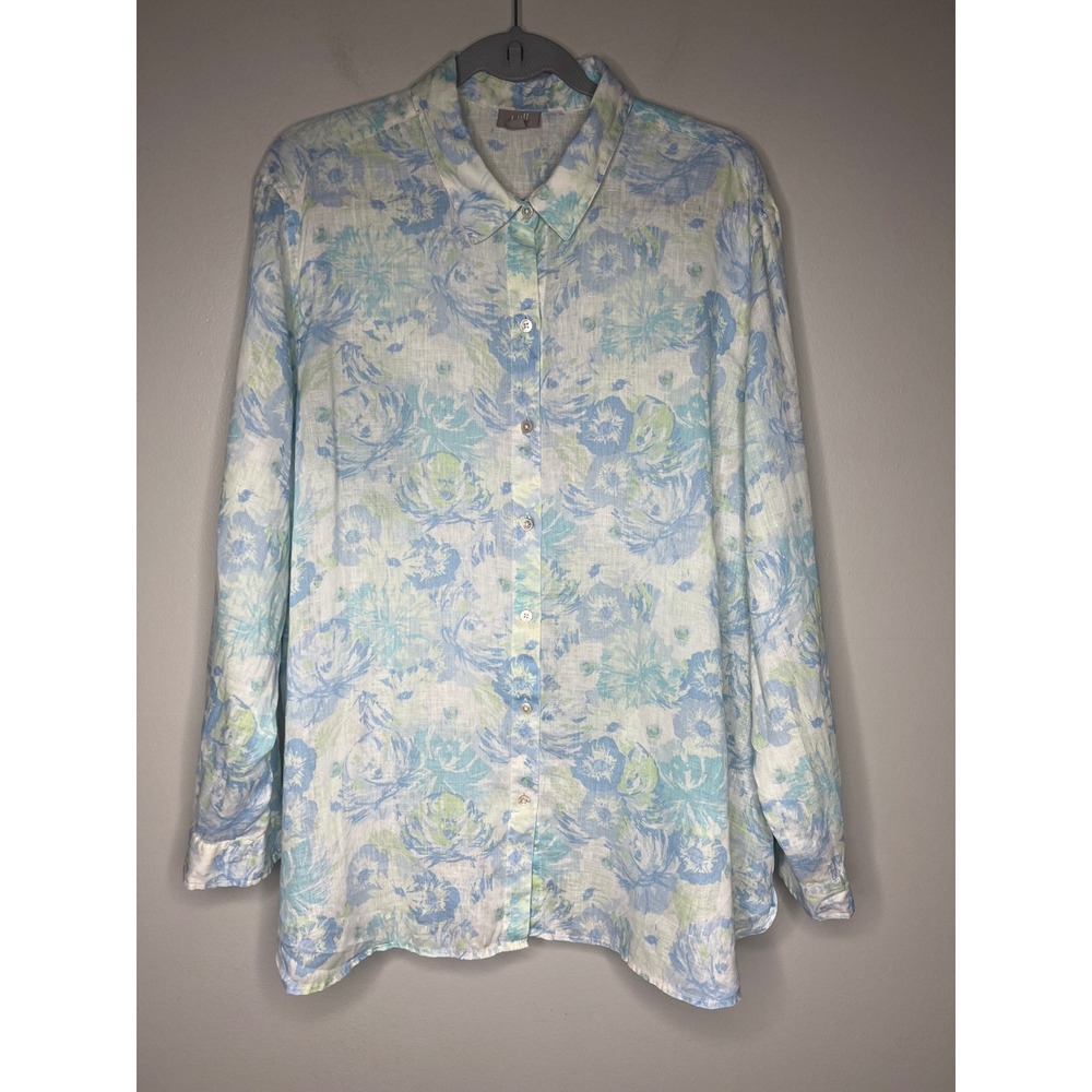 J. Jill 100% Linen Blue Floral Button Front Shirt XL Coastal Beachy Relaxed Top